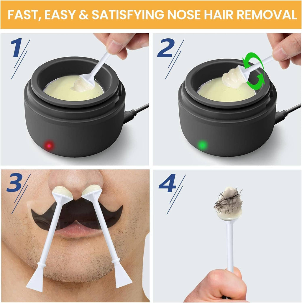 Nose hair removal kit: wax pot with melted wax and disposable applicator sticks
