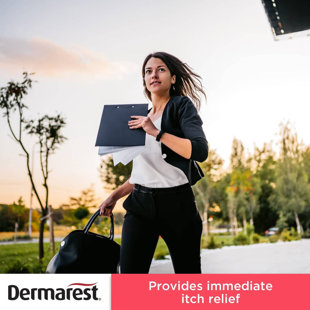 Dermarest Eczema medicated lotion in use, person holding the lotion outdoors