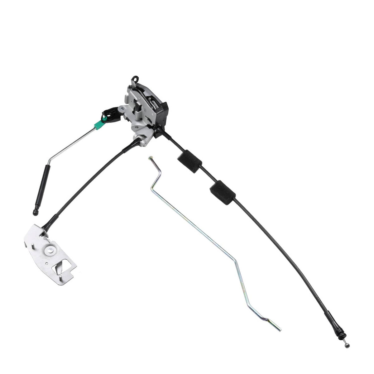 Rear cargo door latch assembly with actuator housing and linkage rods, right passenger side