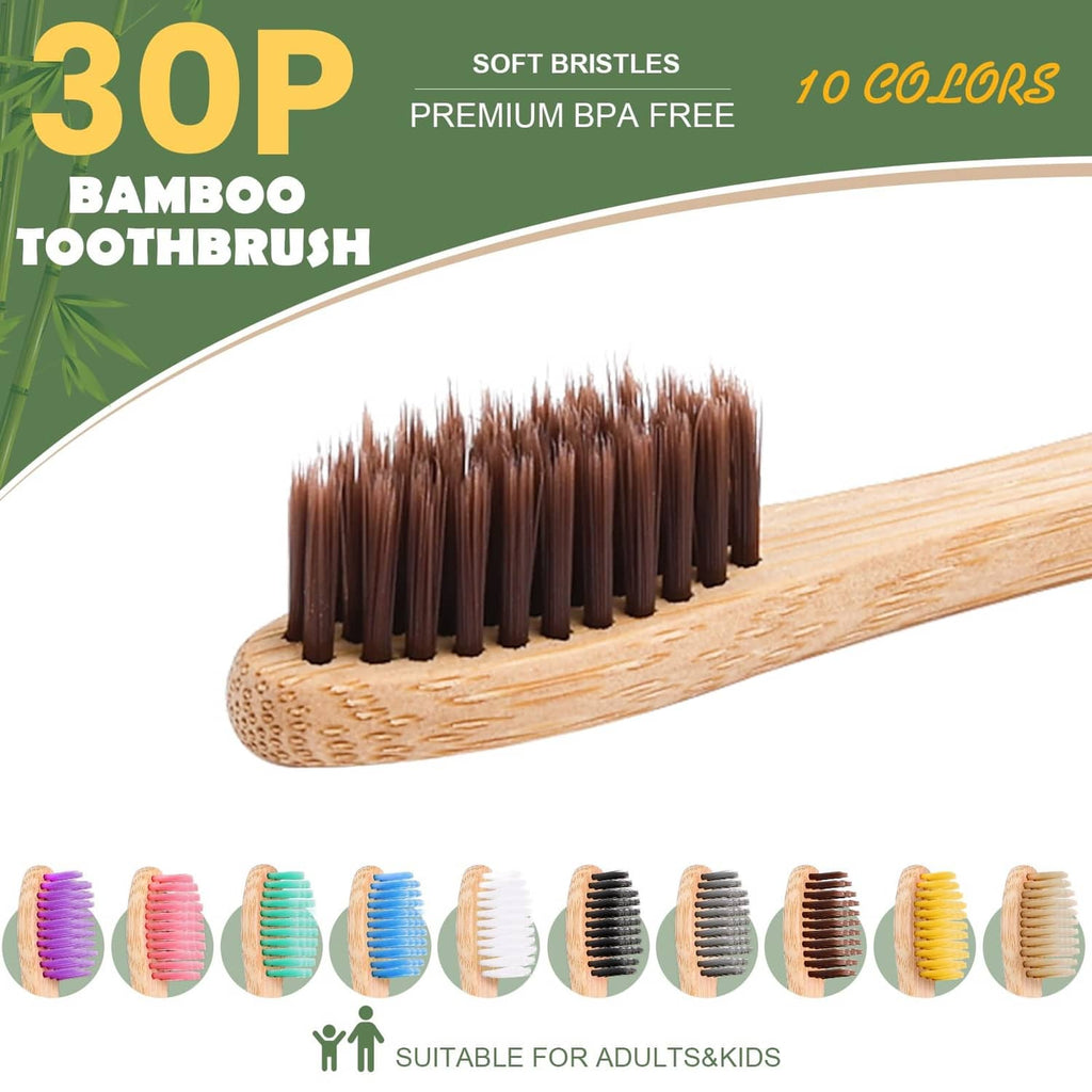 Single bamboo toothbrush with medium-soft dark bristles on a light wooden handle
