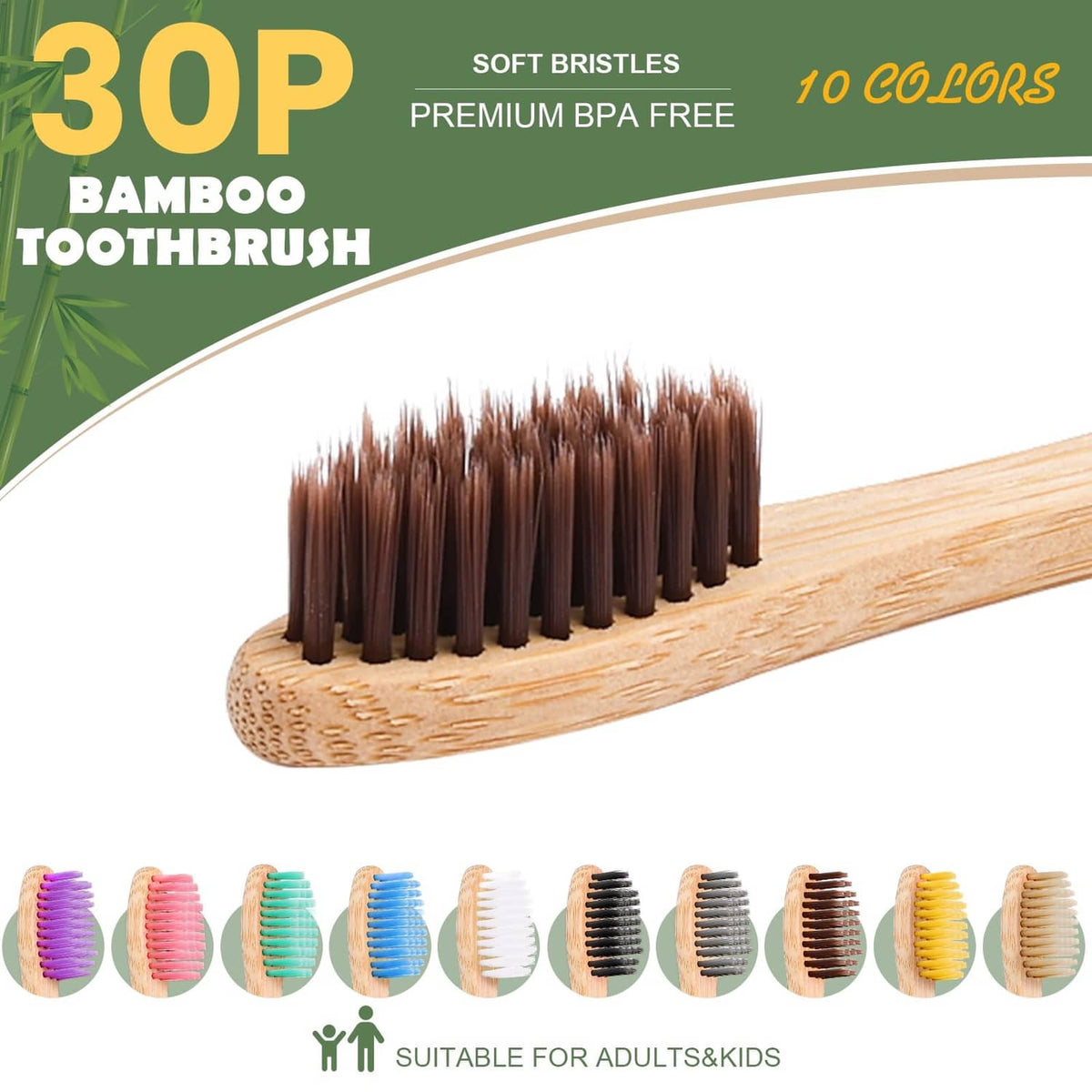 Single bamboo toothbrush with medium-soft dark bristles on a light wooden handle