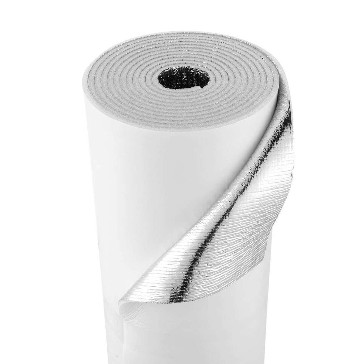 Close-up of reflective insulation roll with silver foil exterior and tightly wound center