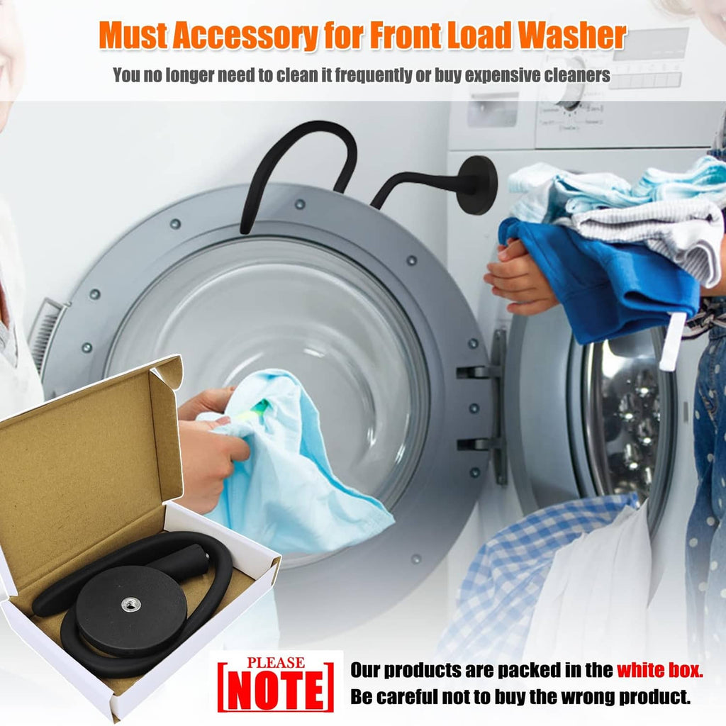 Black washer door prop set, shown lying in box with magnet base and flexible hose