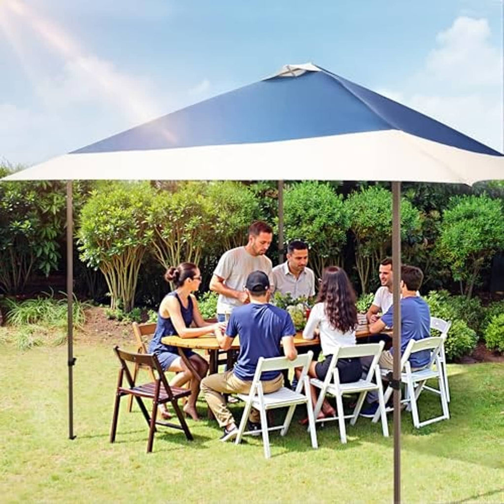 Navy blue and white outdoor canopy top replacement over a table and chairs