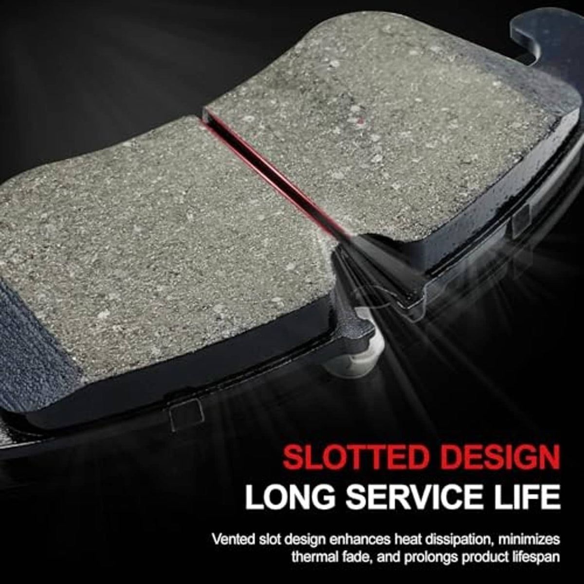 Brake pad set close-up of gray friction material on a vented pad edge