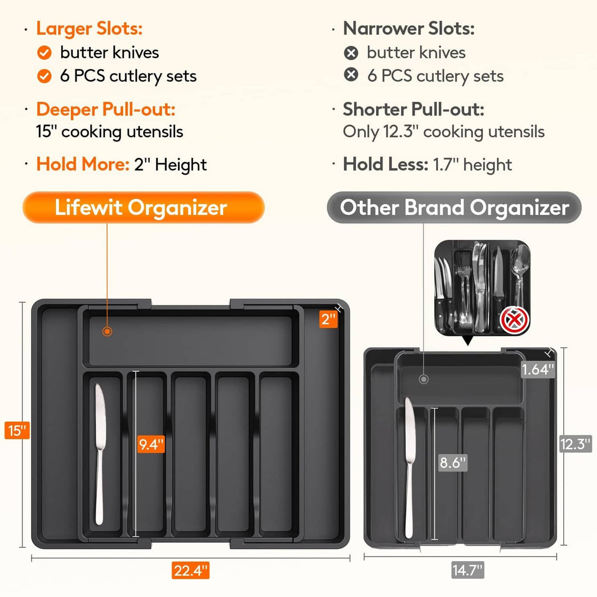 Dark utensil organizer tray with wide slots for 2-inch tall items in a foldable base