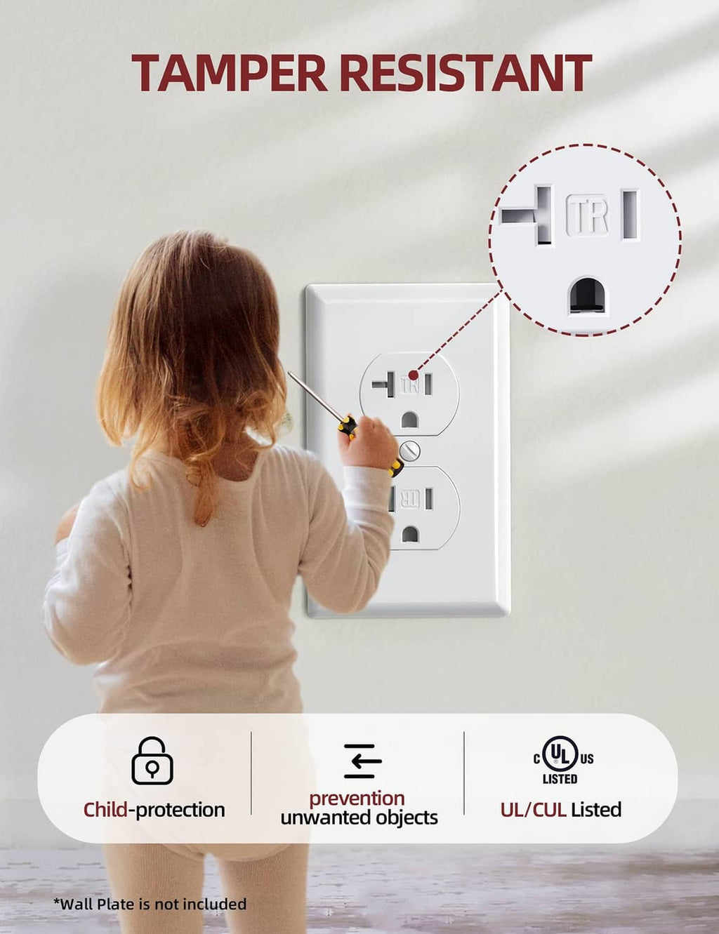 Tamper-resistant duplex electrical receptacle with child-protection shutter, white