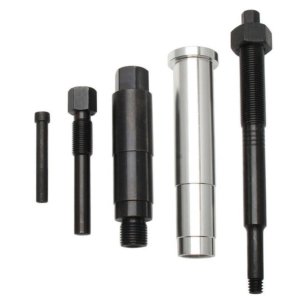 Broken spark plug remover kit with multiple extraction tools, metal sleeves, and threaded shafts