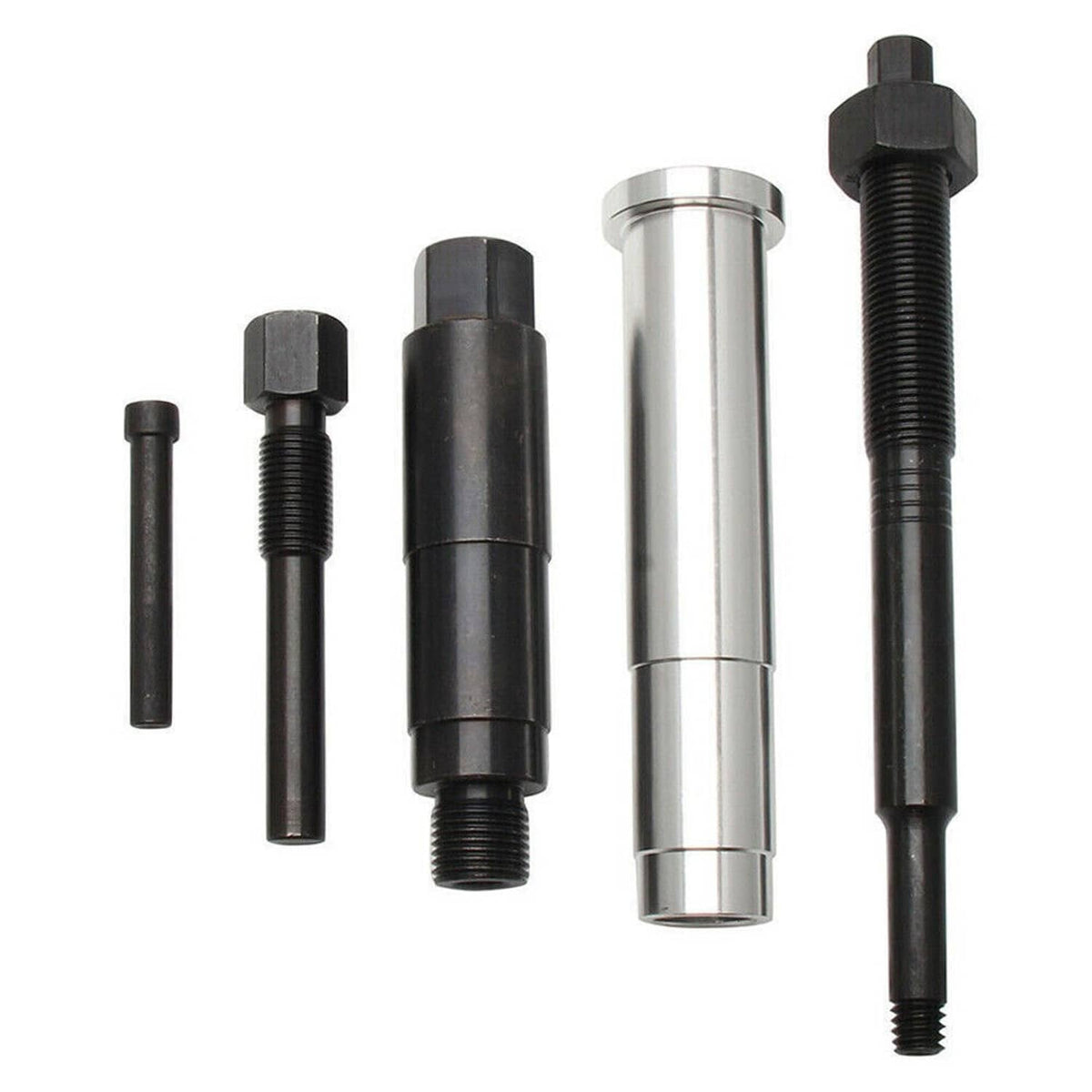 Broken spark plug remover kit with multiple extraction tools, metal sleeves, and threaded shafts
