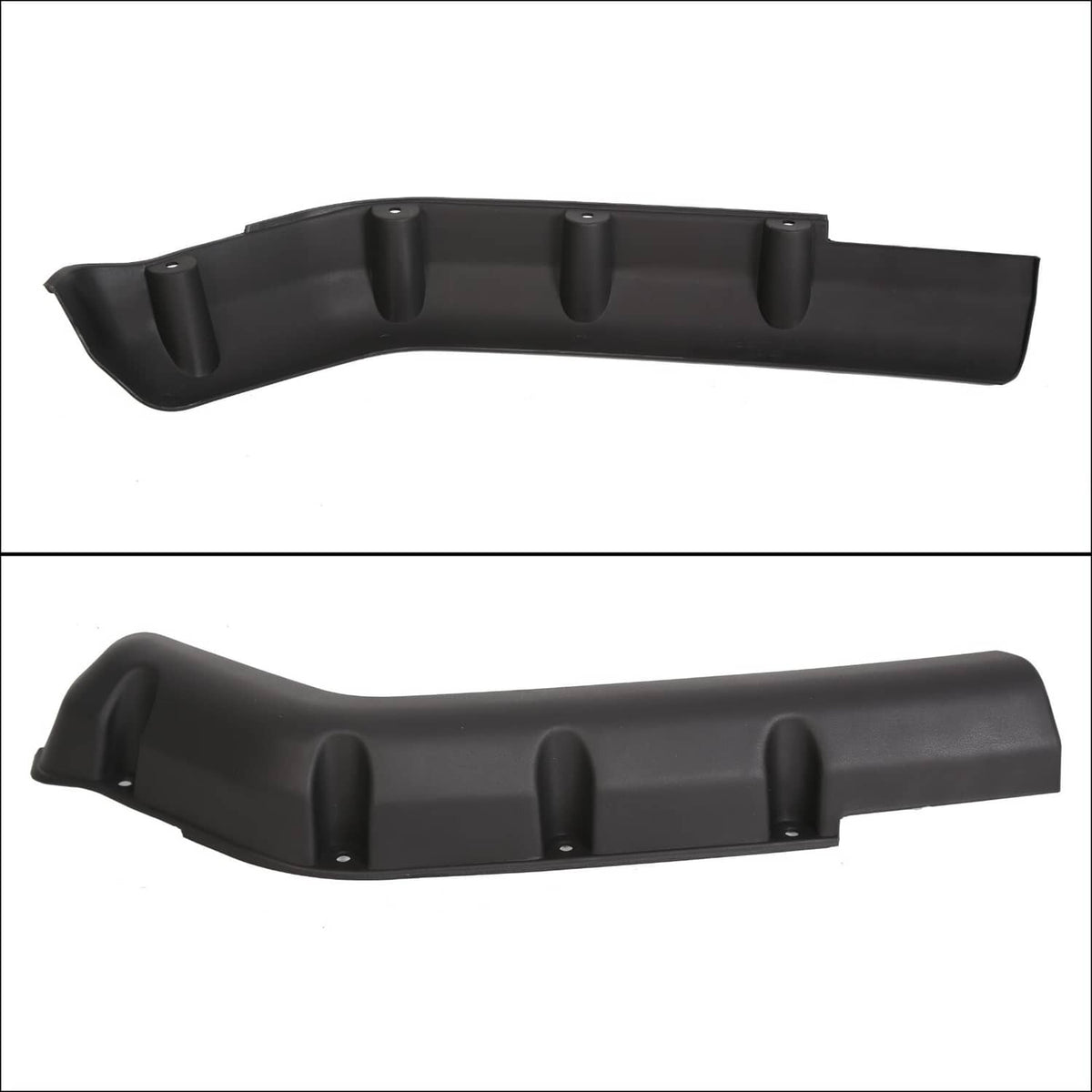 Black fender flare side view showing inner channels and three raised mounting posts.