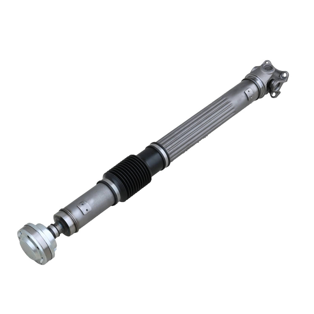 Front driveshaft assembly with metal end caps, black rubber center boot, and bracket