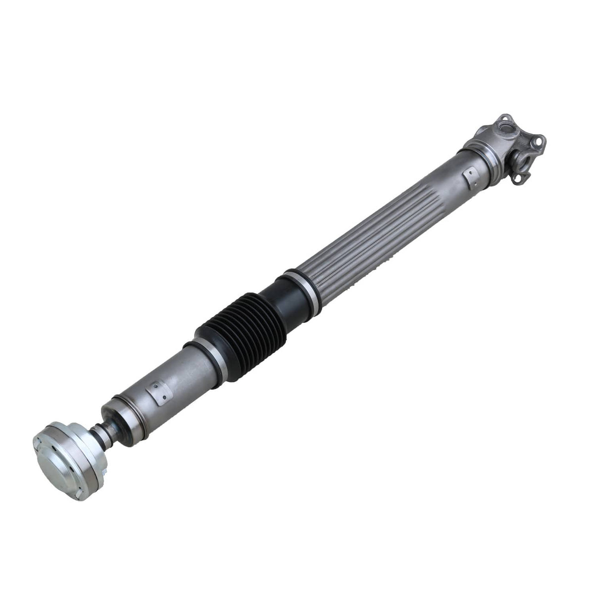 Front driveshaft assembly with metal end caps, black rubber center boot, and bracket