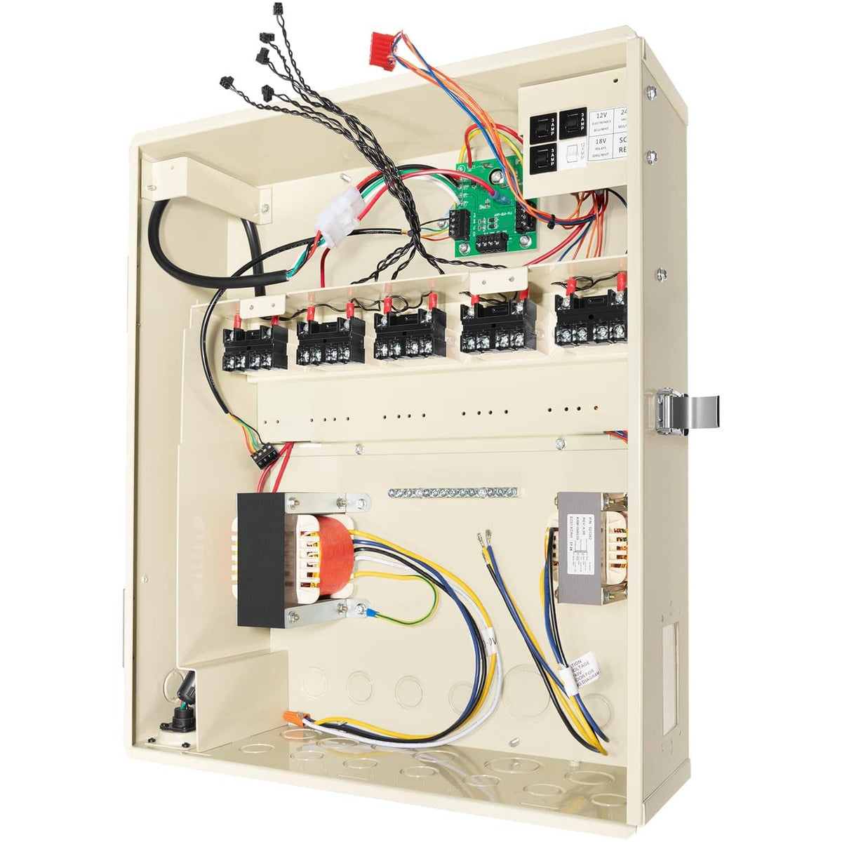 Pool and spa power center with visible wiring terminals and circuit breakers