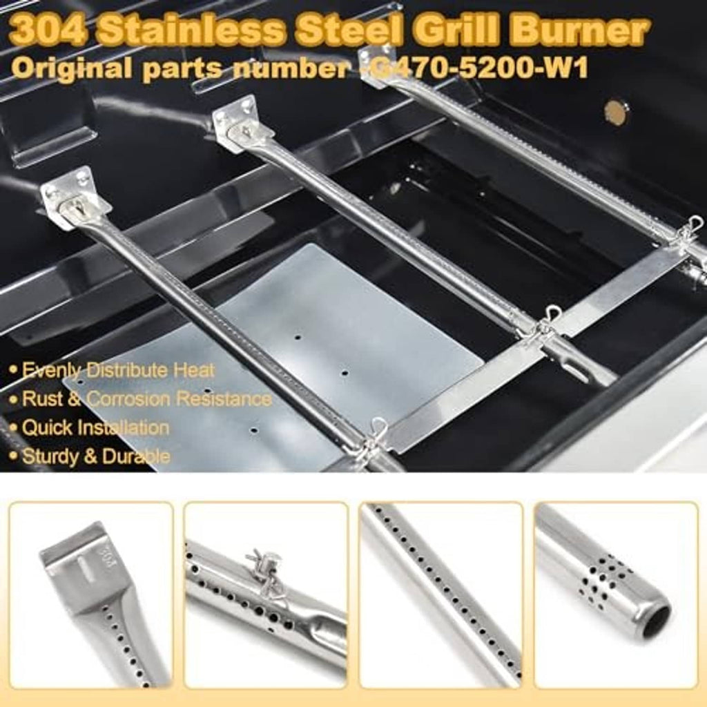 304 stainless steel gas grill burner with metal support frame and mounting tabs