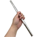 Silver golf shaft extension tube with smooth metal finish, held in hand