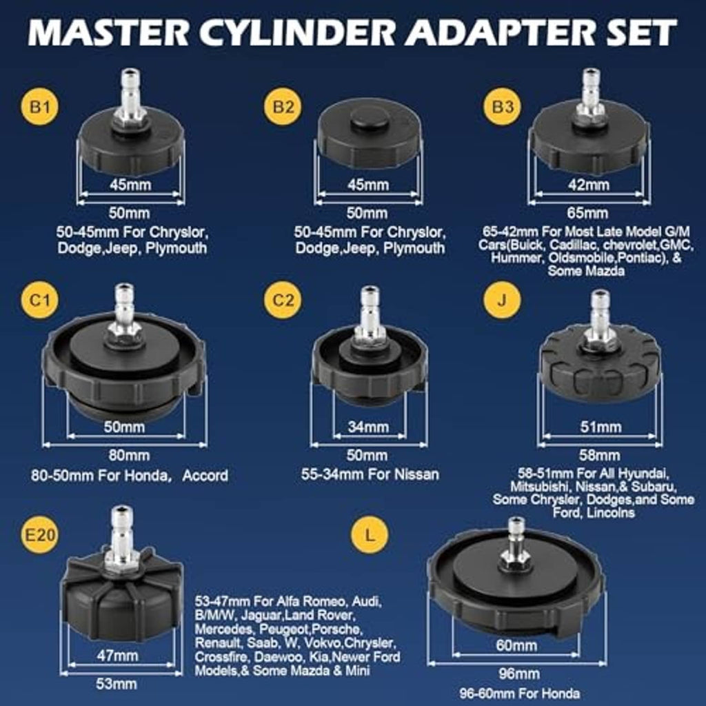 Master cylinder adapter set with multiple black circular adapters and metal connectors