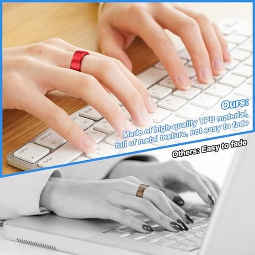 Red ring cover worn on a finger while typing on a keyboard