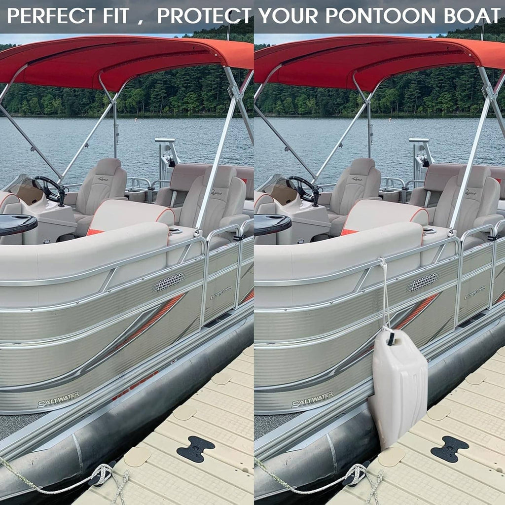 White boat bumper fender hanging from the pontoon rail for docking protection