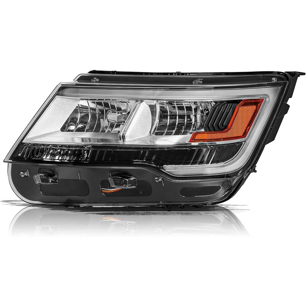 Left-side headlight assembly with clear lenses, amber reflector, black chrome housing