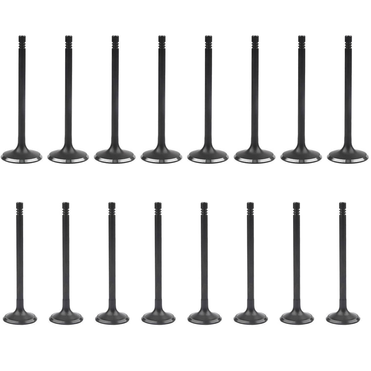 Engine valves with long black stems and round metal heads, double-row set