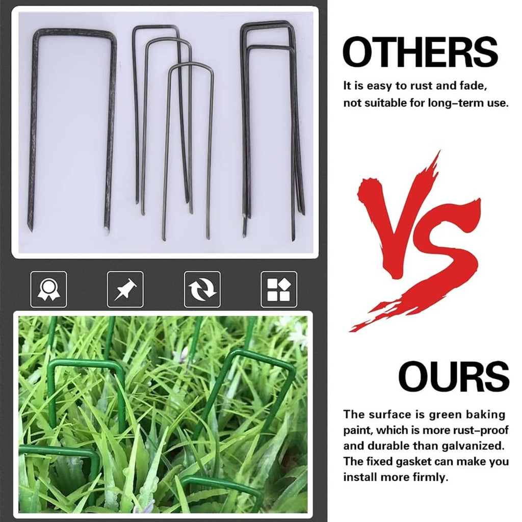 Green turf staple stakes set with perforated washer heads for securing landscaping