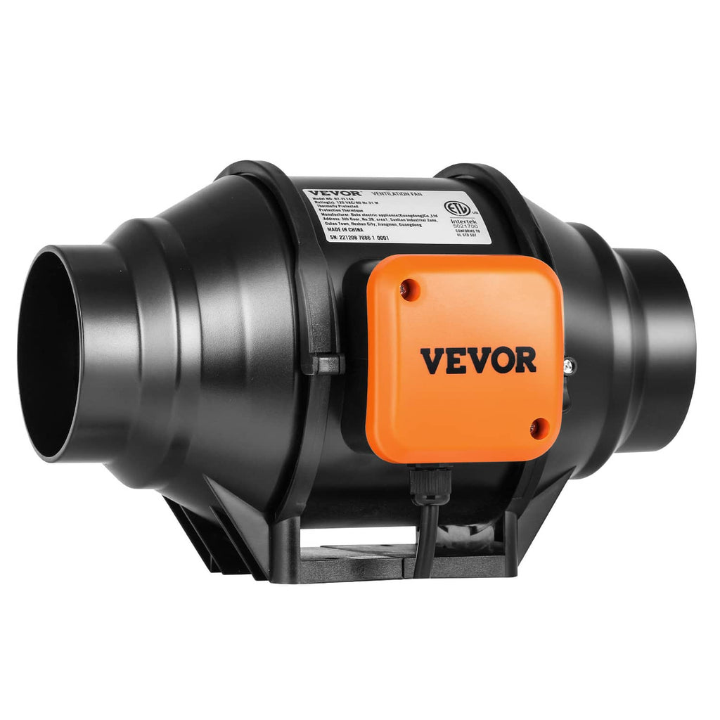 Inline duct fan blower, black with orange VEVOR controller and two duct ports