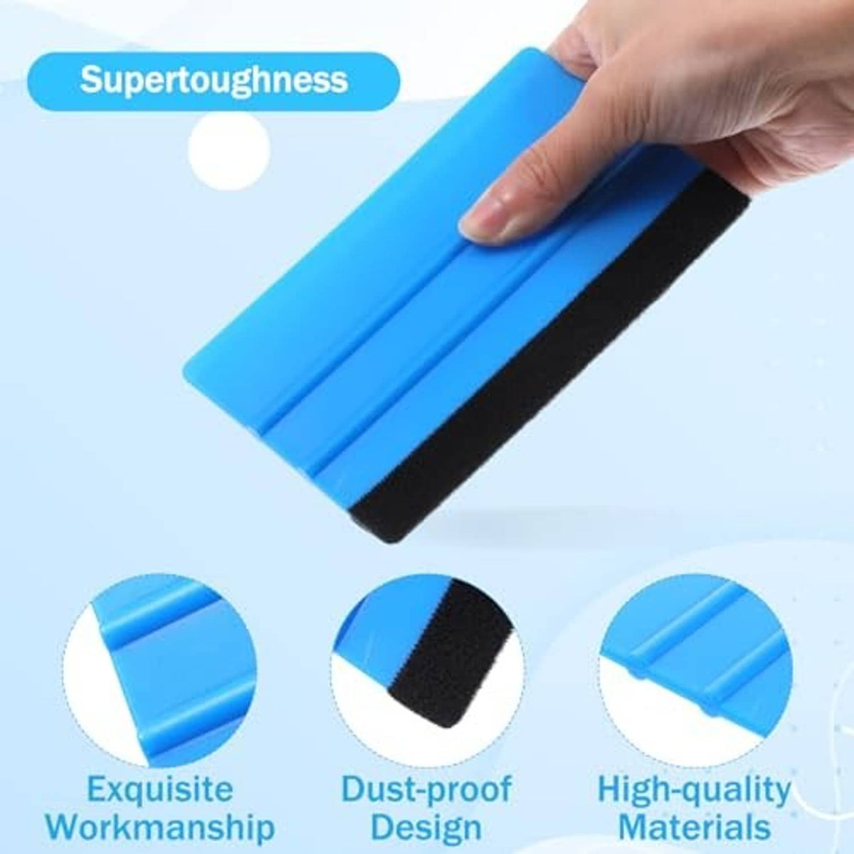 Blue felt-edge vinyl squeegee with black non-slip stripe, held by hand