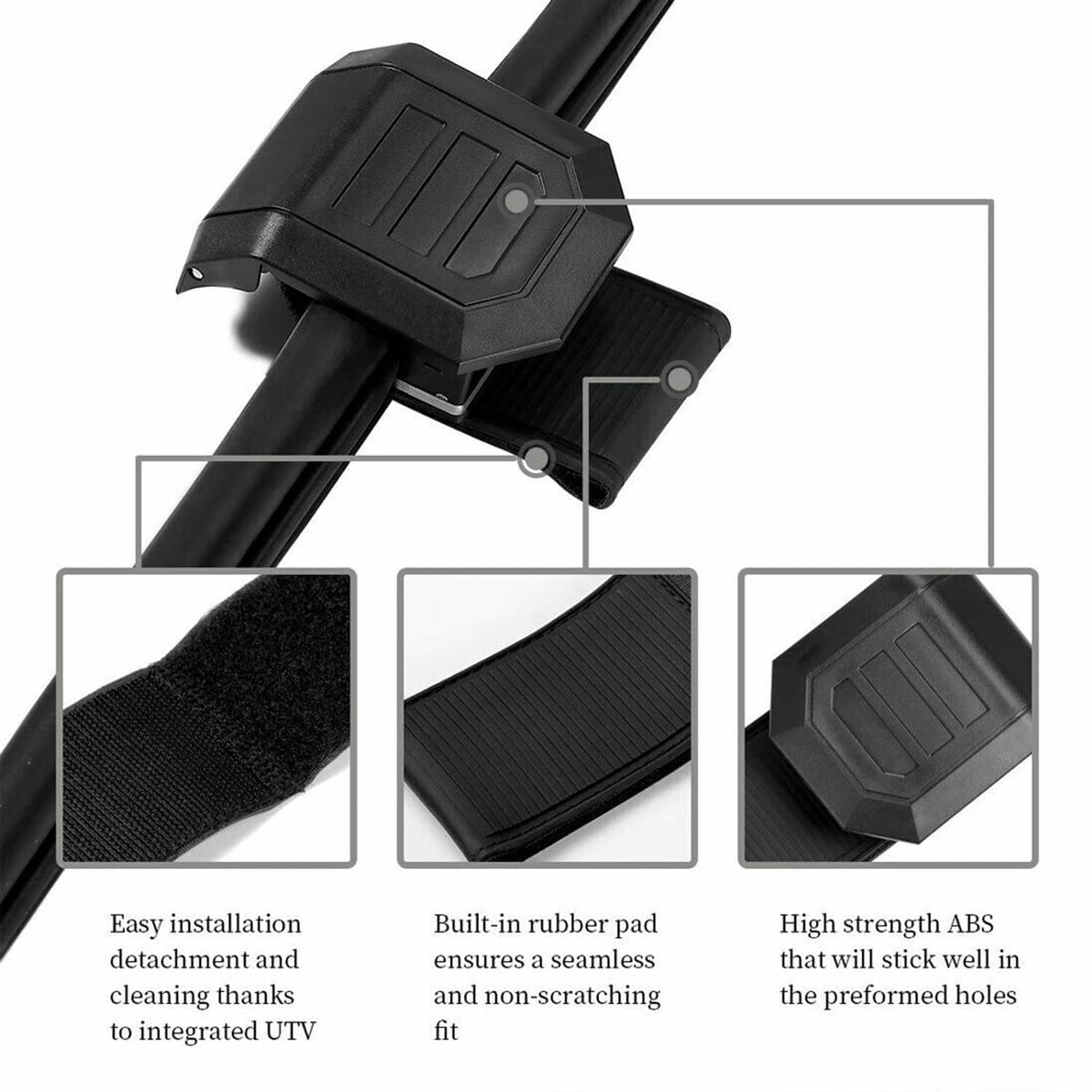 UTV windshield mounting tabs and black frame detail with clear panel