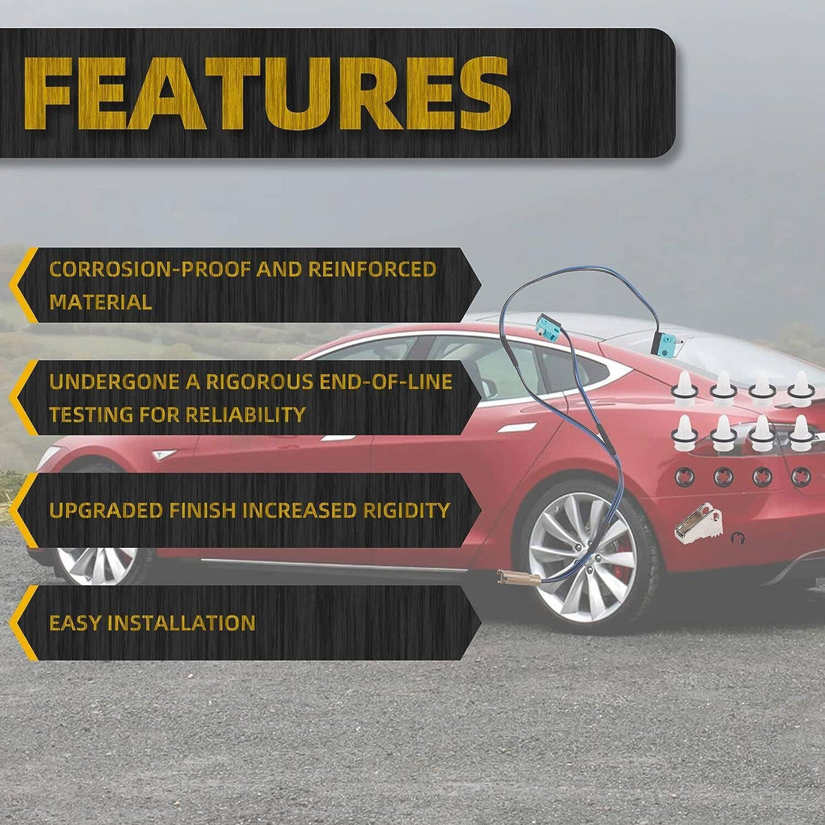 Door handle rebuild kit promotional graphic with vehicle silhouette and labeled feature arrows