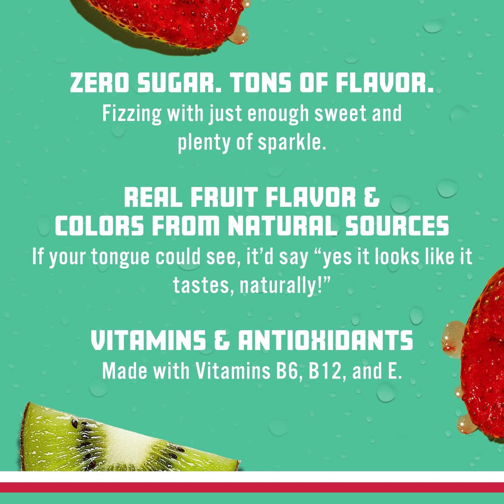 Kiwi and strawberry fruit pieces with sparkling water zero sugar message