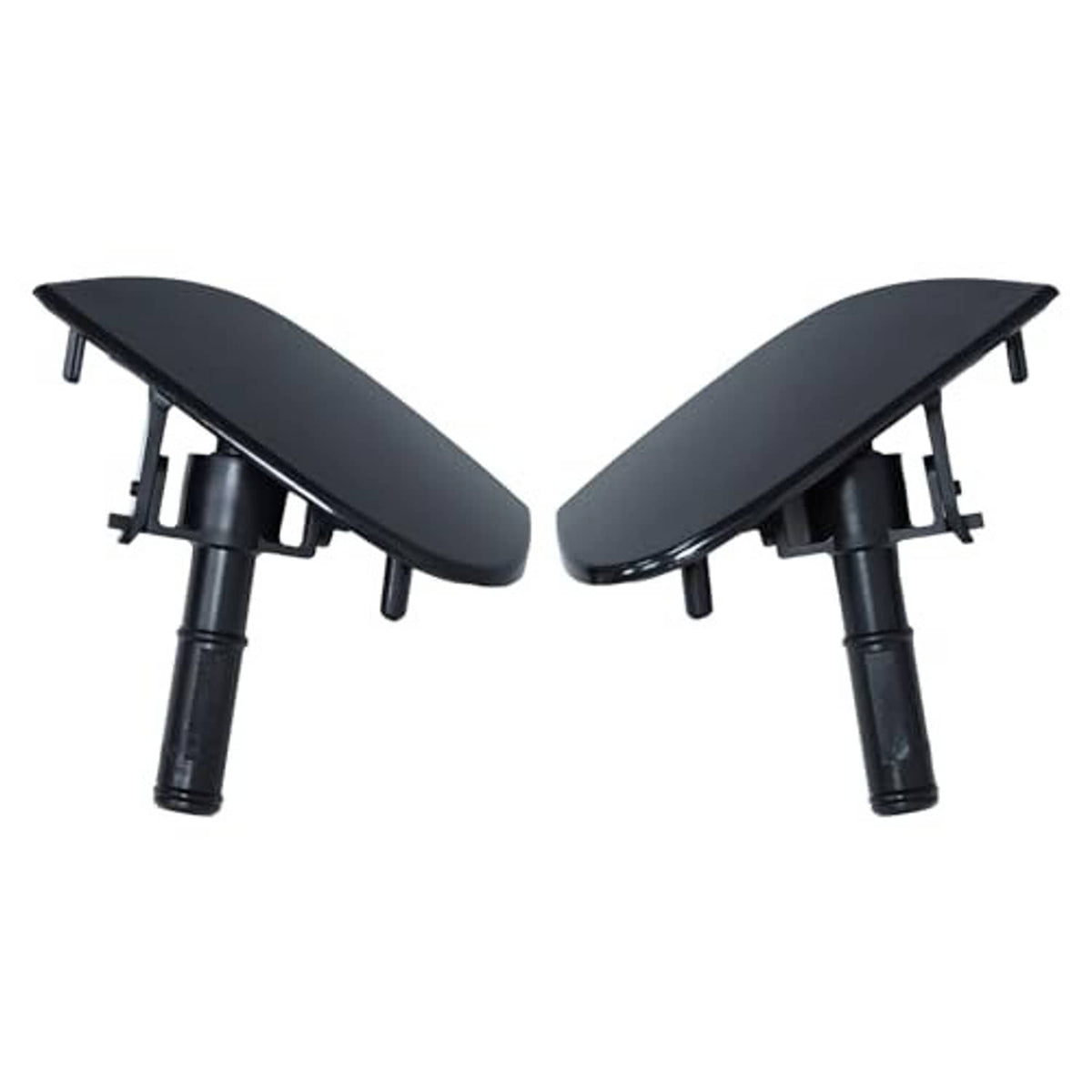Two black headlight washer spray caps with mounting tabs and spray pipes