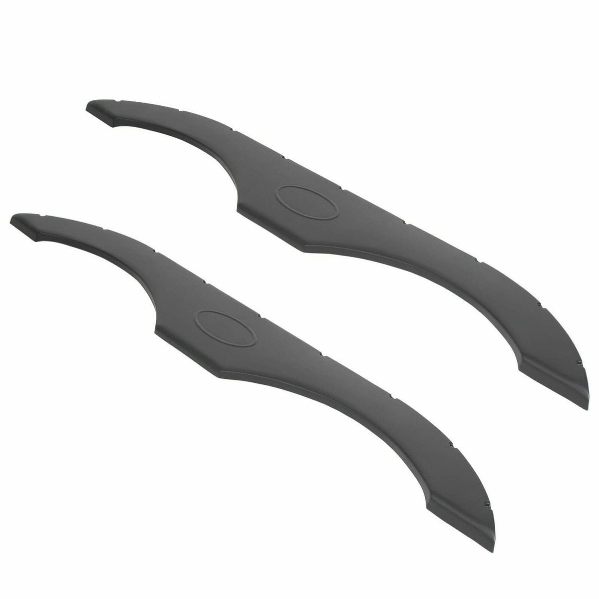 Black RV trailer fender skirt pair, curved molded plastic with oval center panel and holes