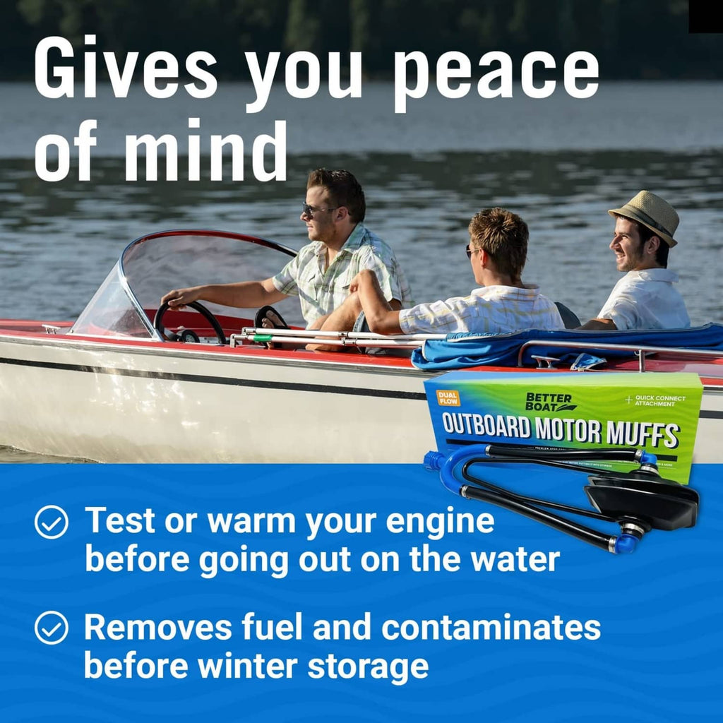 Better Boat dual-flow outboard motor flush muffs in blue, displayed on a boat