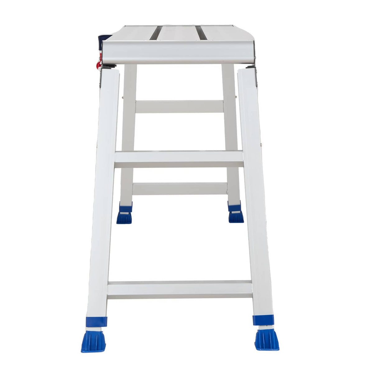 Folding step platform stool, white frame with blue rubber feet, front ladder design