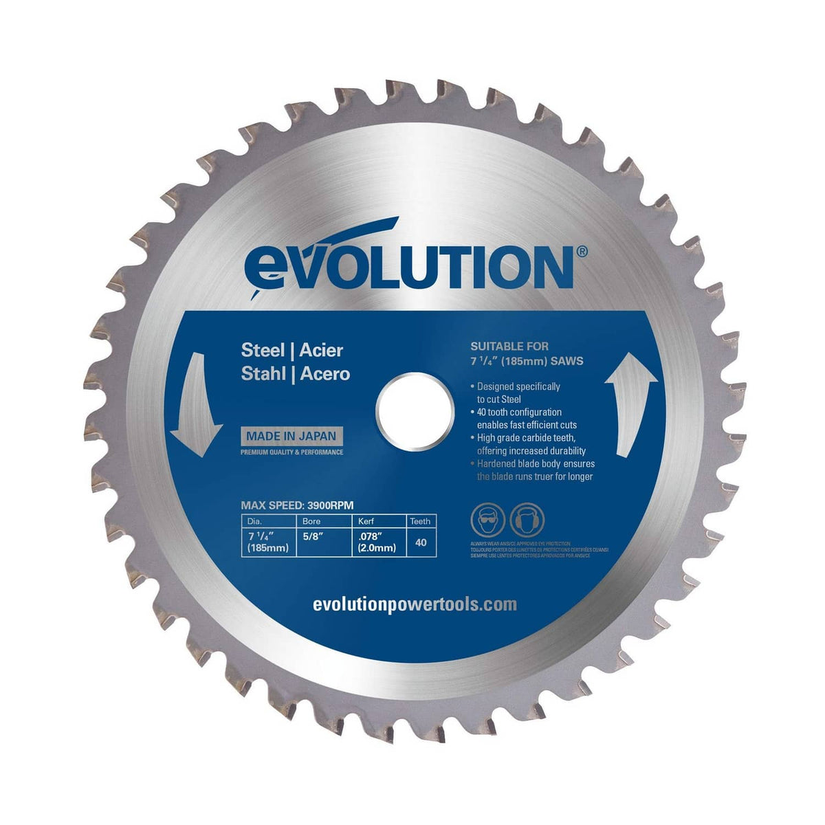 Evolution steel cutting saw blade with circular teeth and center hole, blue label