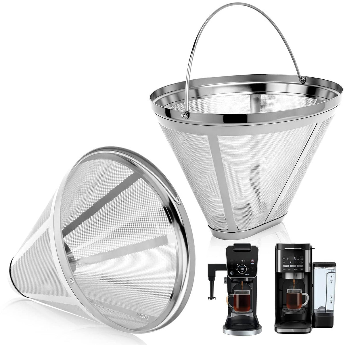 Reusable stainless steel coffee filter maker with mesh cone and fold-up handle
