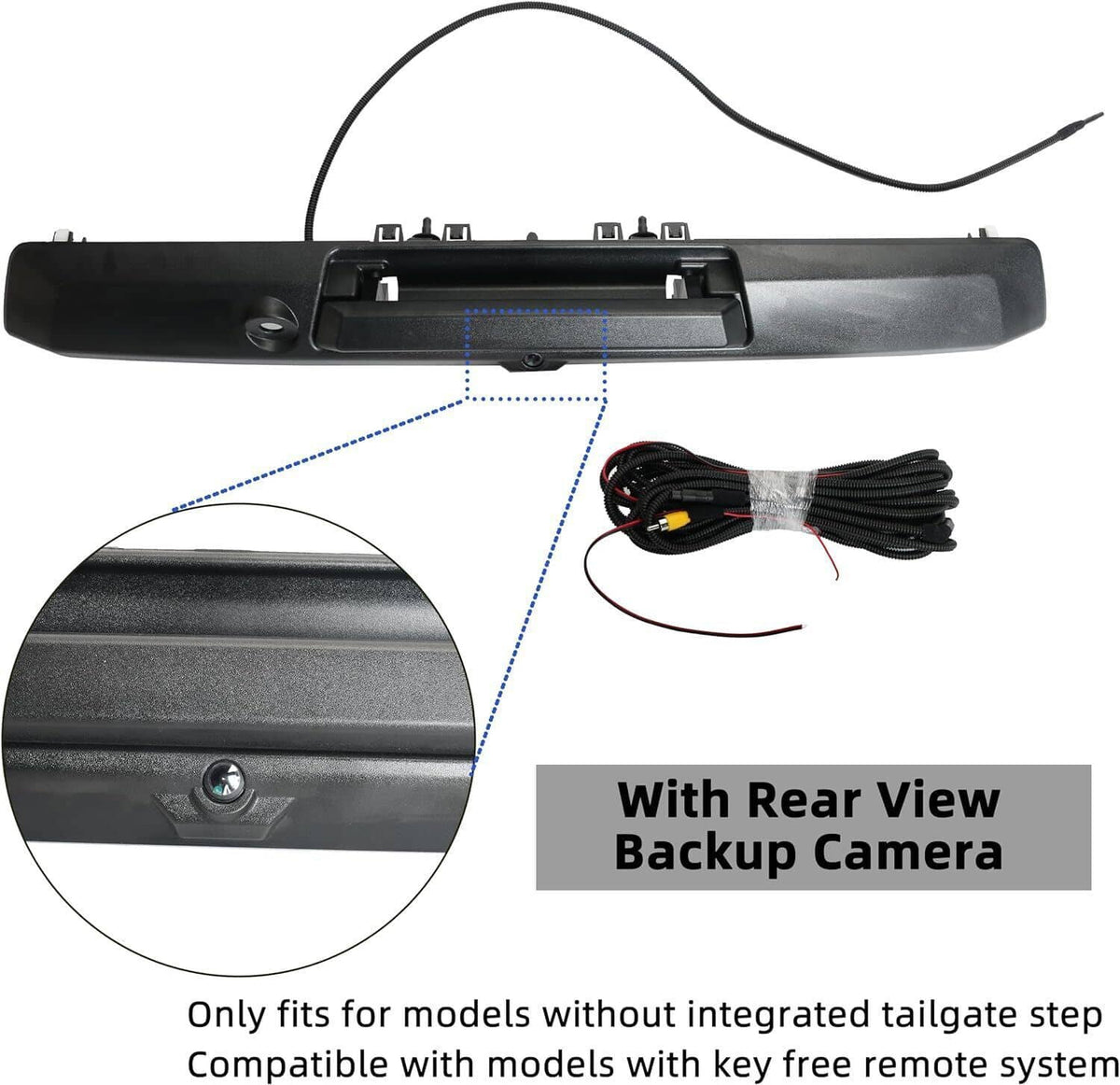 Tailgate handle with rear view backup camera module and wiring harness