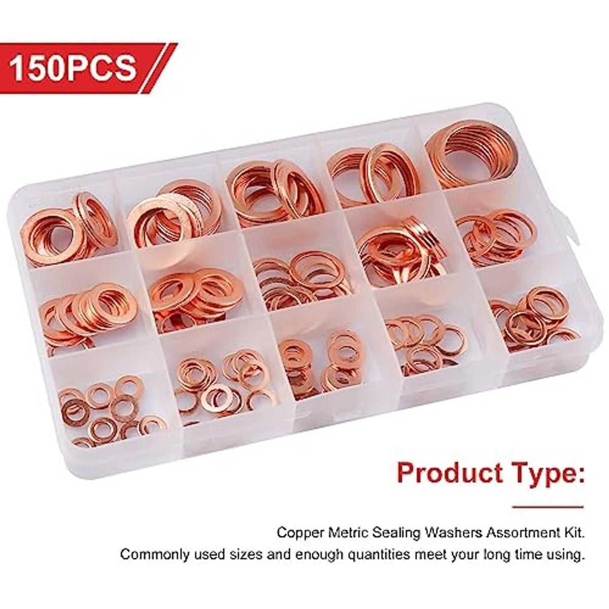 Copper sealing washers assortment kit with assorted copper rings in plastic organizer tray.