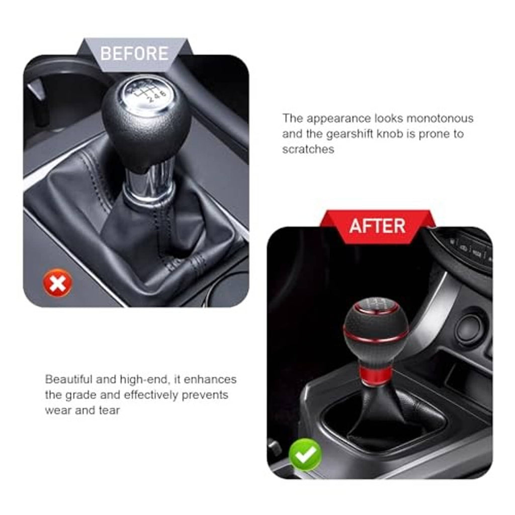 Black leather gear shift knob with red ring and numbered gear positions in car