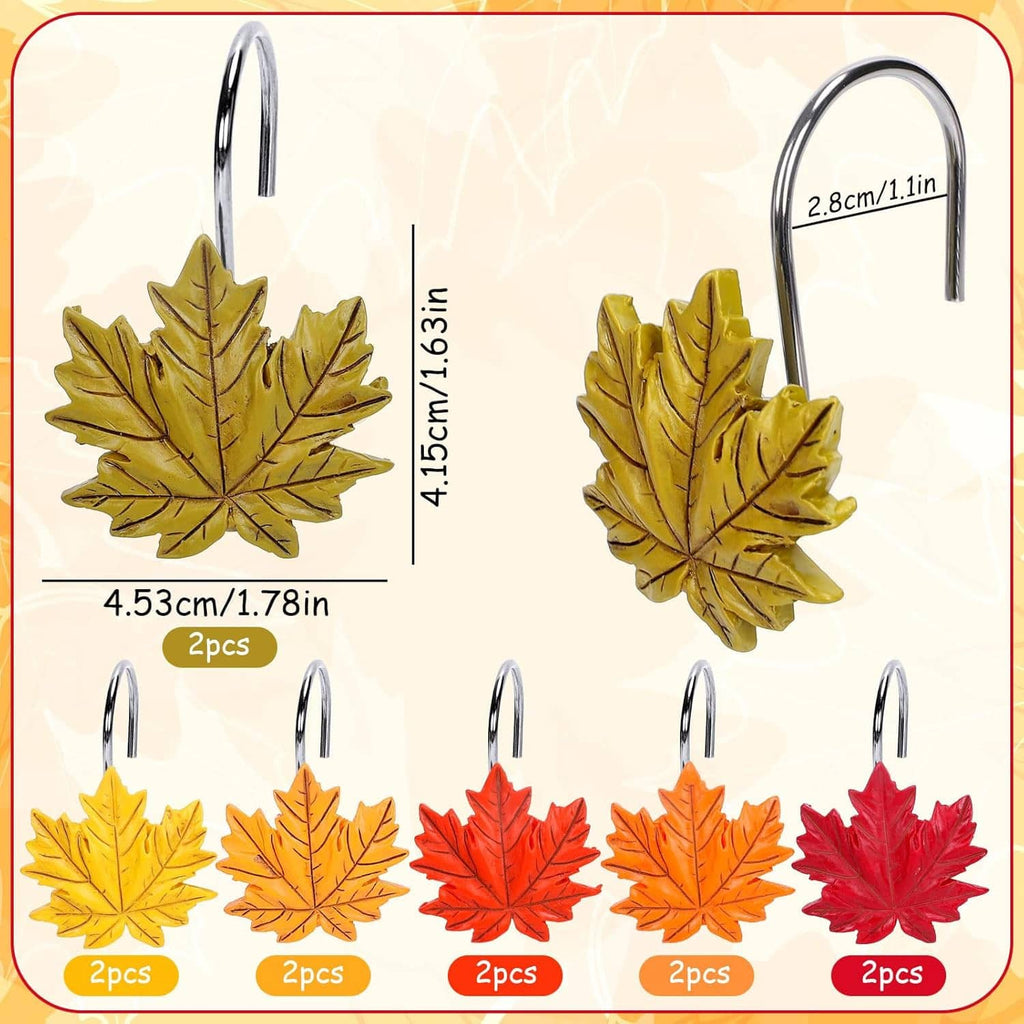 Autumn leaf shower curtain hooks with chrome metal top, shown in green and gold
