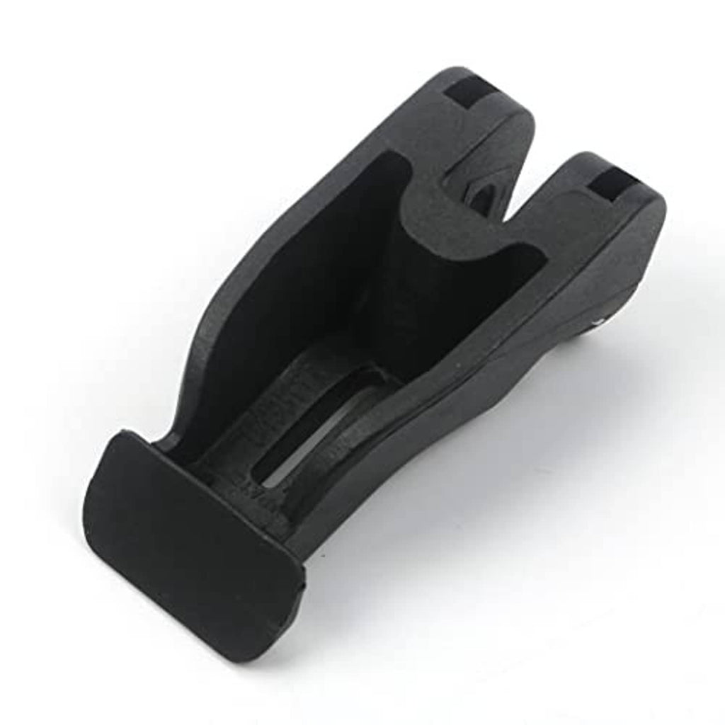 Black front storage rack latch bracket with forked opening