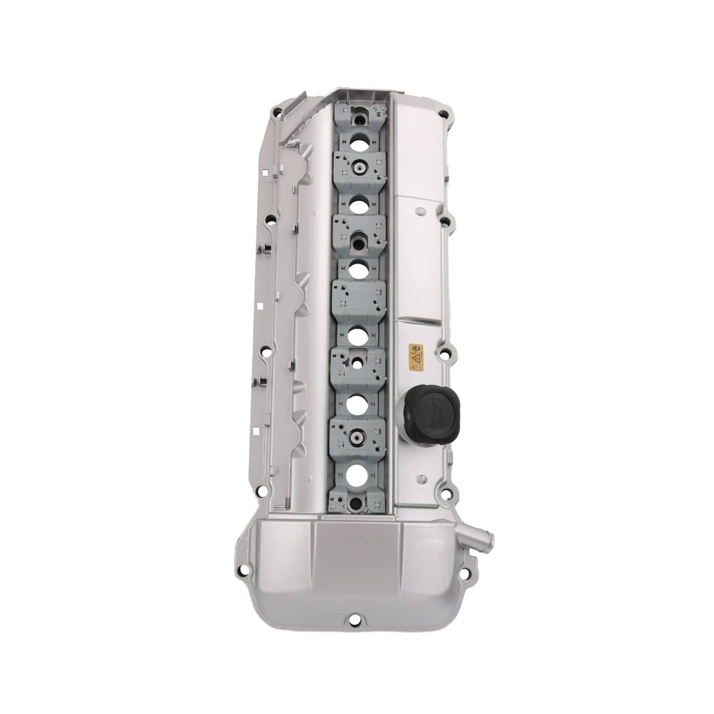 Light gray aluminum valve cover with front mounting flange and side oil cap