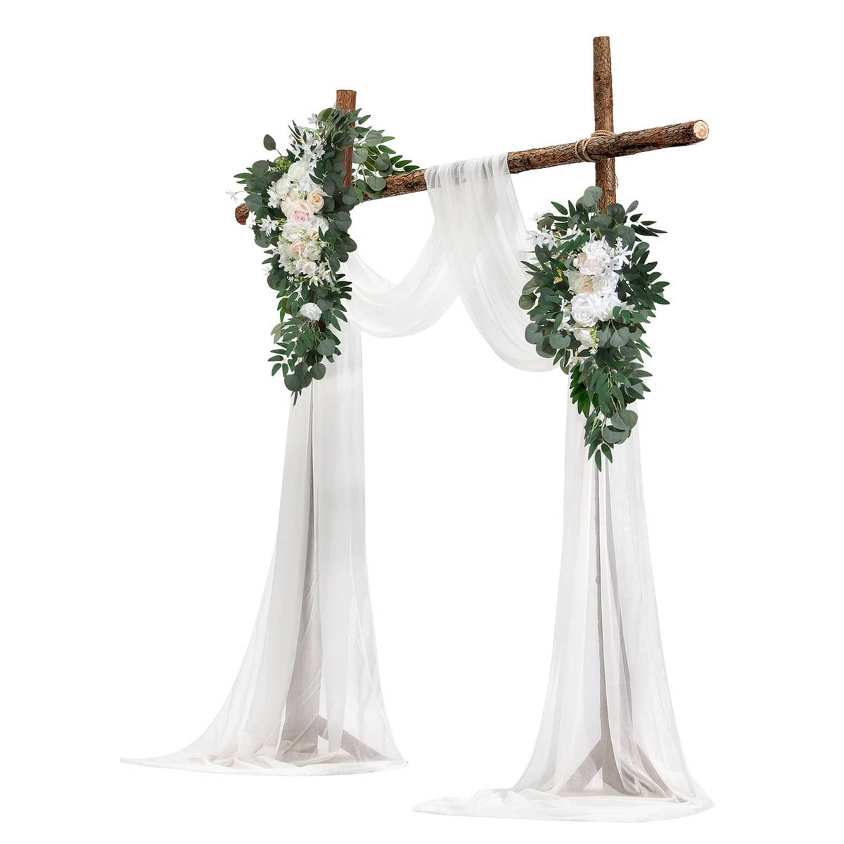 Artificial wedding arch flowers kit with wooden cross and two white draped curtain panels