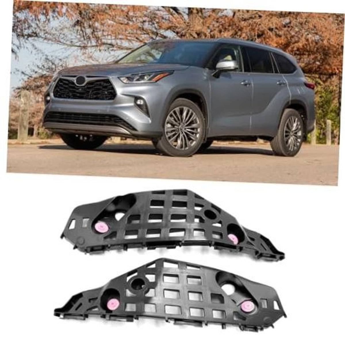Pair of black front bumper brackets with mounting holes and pink tabs, 2-piece set
