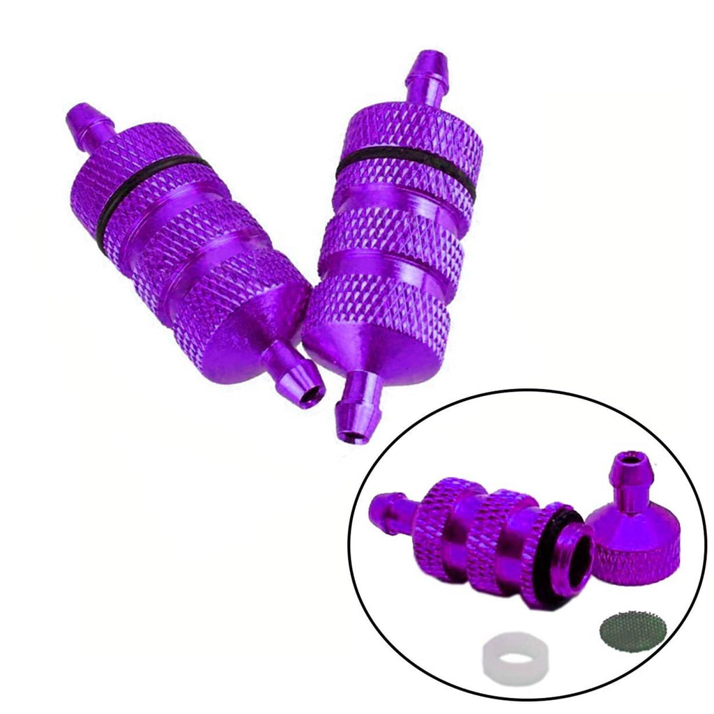 3-pack RC aluminum nitro fuel filters, purple with black O-ring bands and hoses