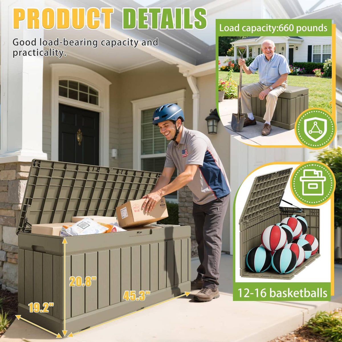 Coffee outdoor storage bin with open lid and ribbed front panels