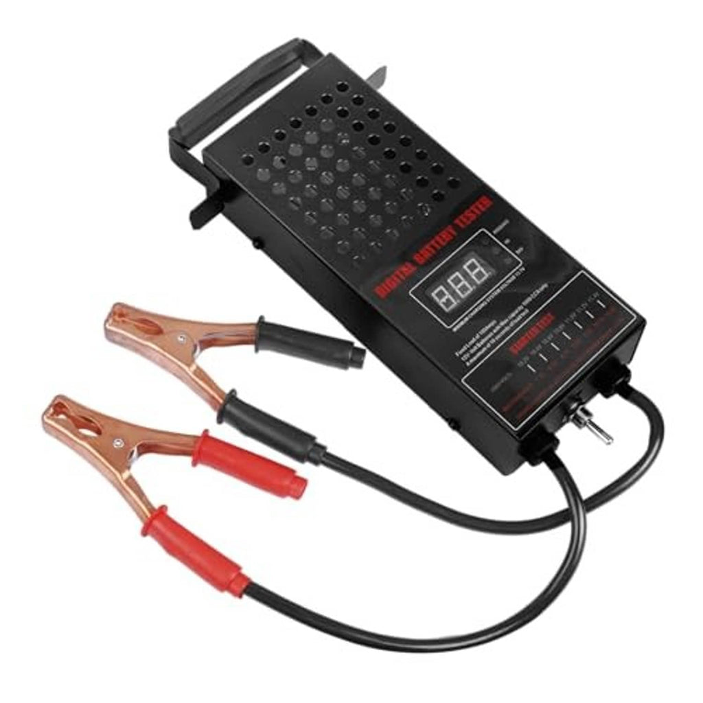 Digital 6–24V automotive battery analyzer with LCD display and copper-clad clamps