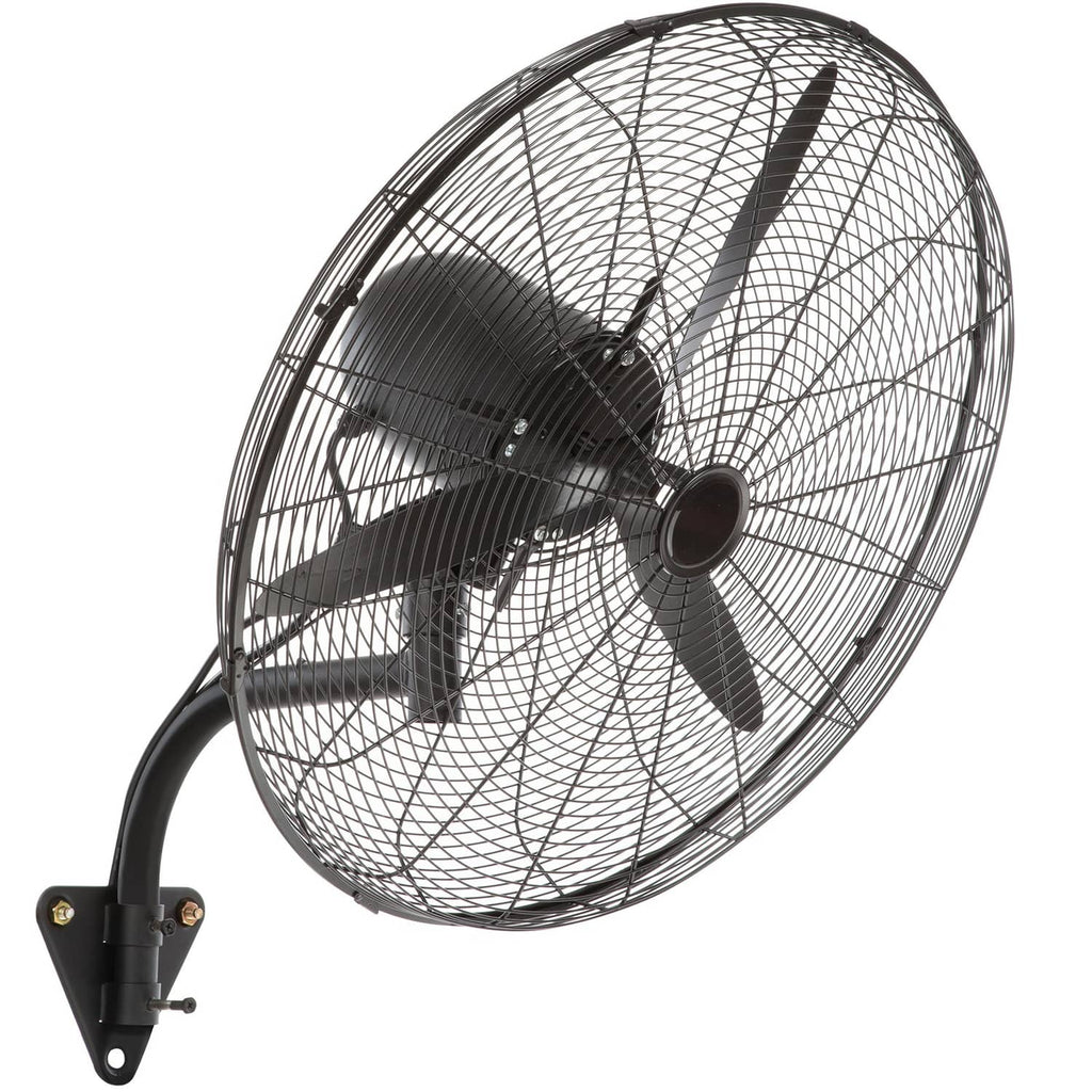 Black wall-mount misting fan with metal grille and 5-blade fan head
