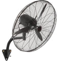 Black wall-mount misting fan with metal grille and 5-blade fan head