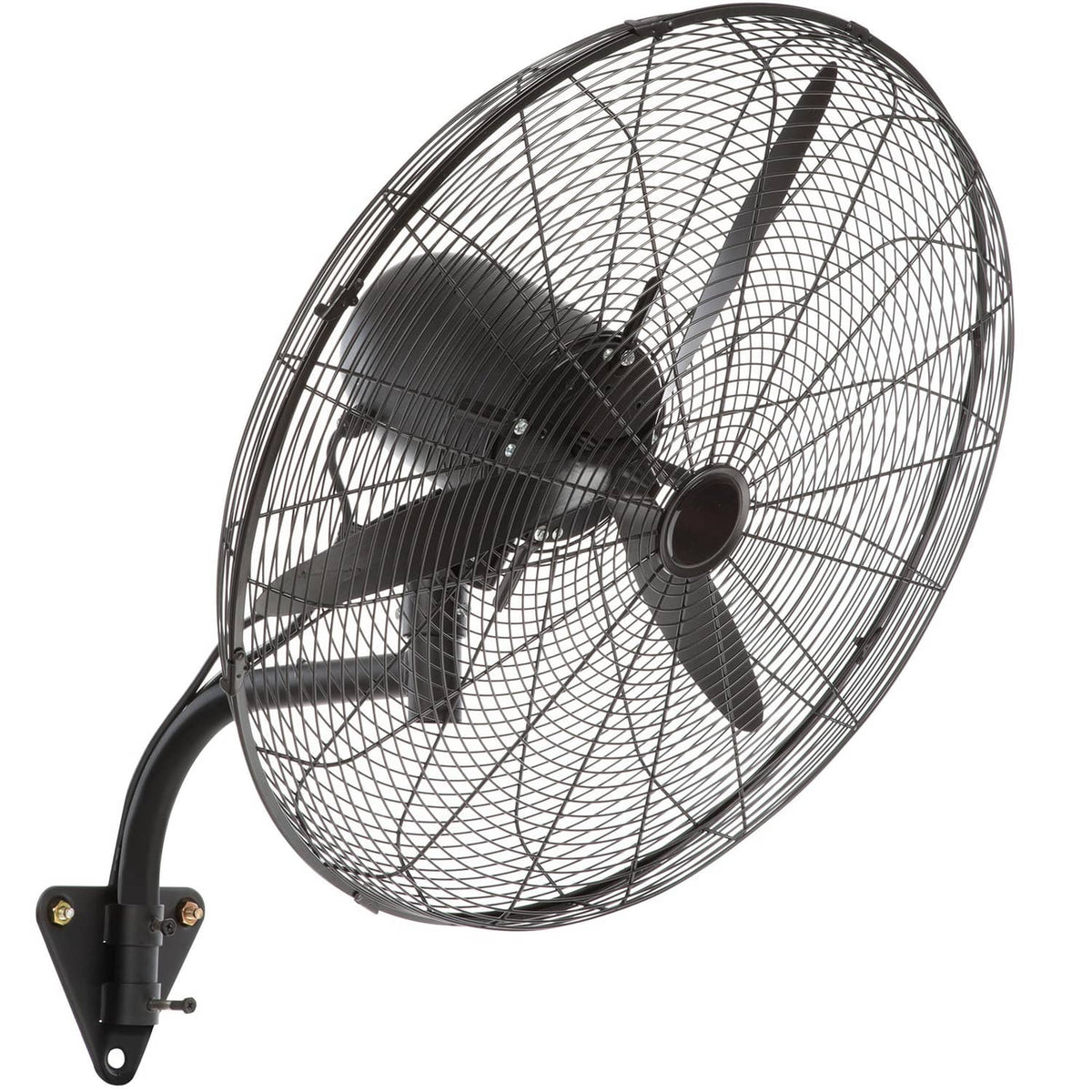 Black wall-mount misting fan with metal grille and 5-blade fan head
